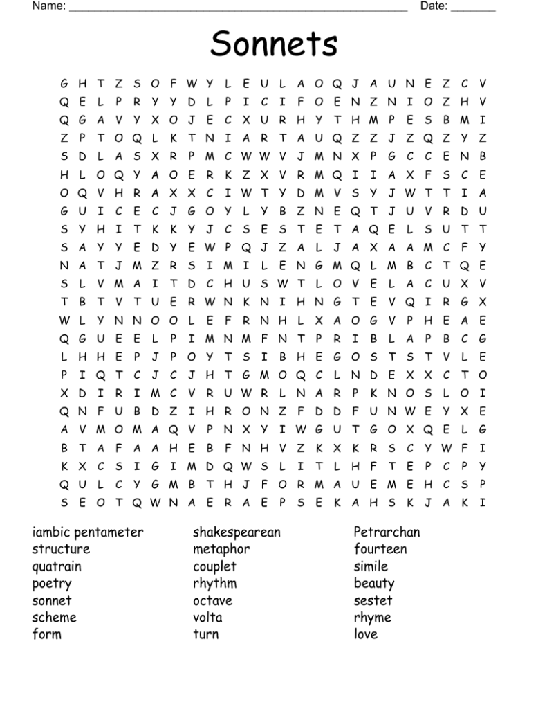 Sonnets Word Search WordMint