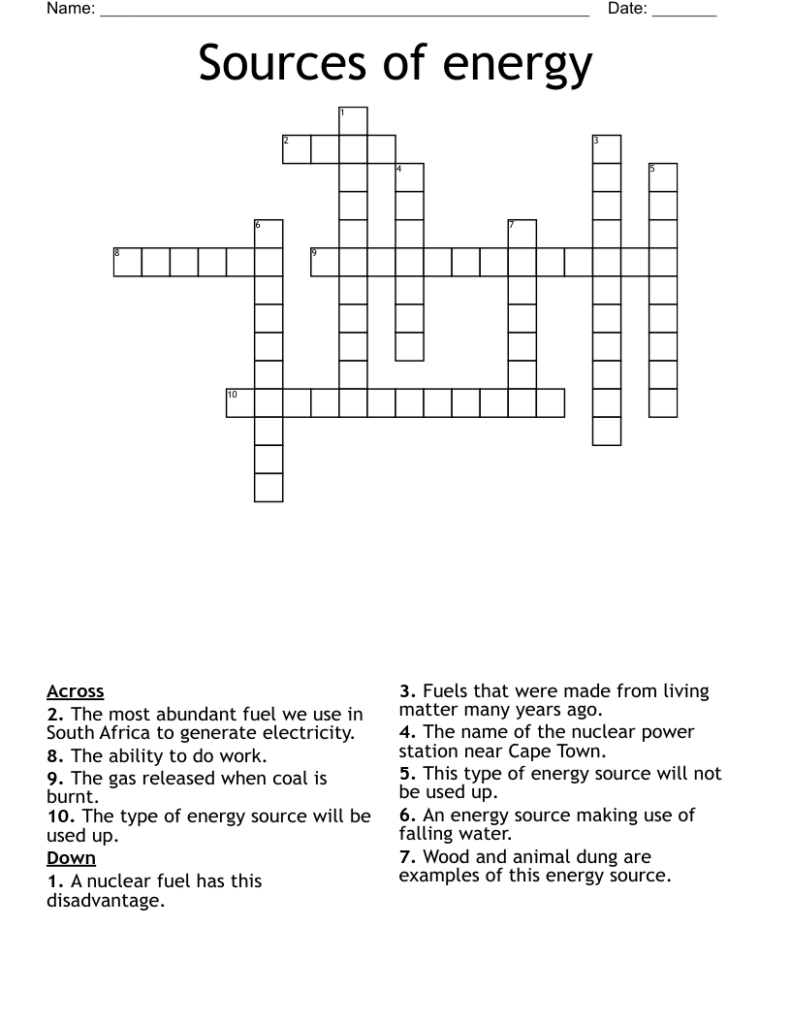 Sources Of Energy Crossword WordMint