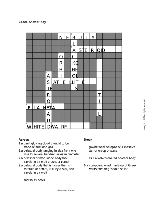 Space Crossword Worksheet With Answer Key Printable Pdf Download