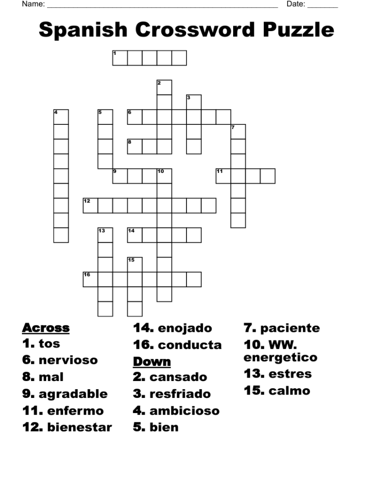 Spanish Crossword Puzzles Printable