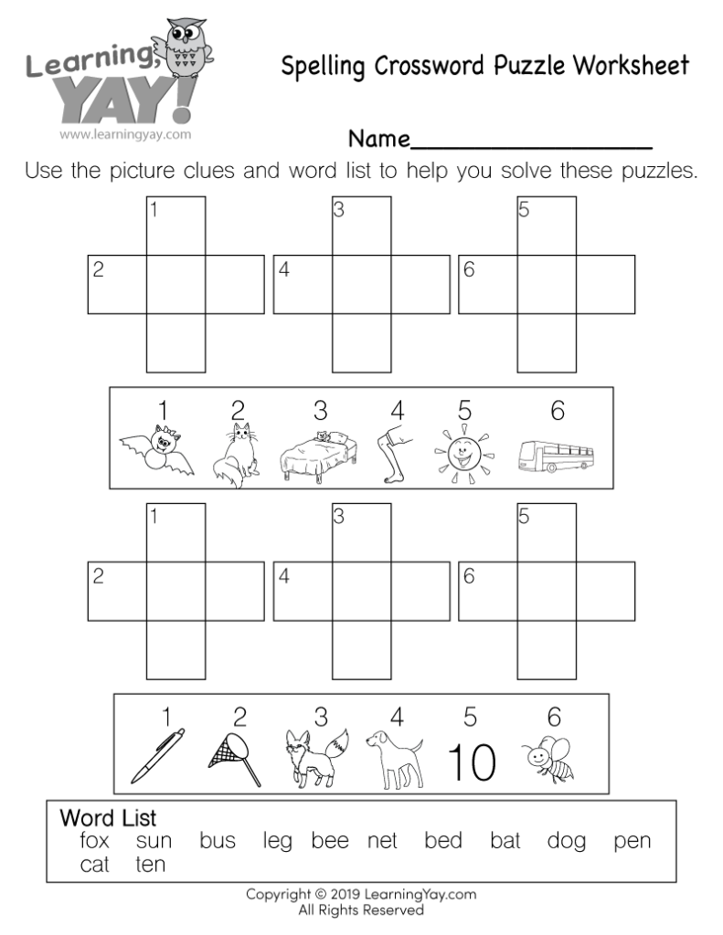 Spelling Crossword Puzzle Worksheet For 1st Grade Free Printable 