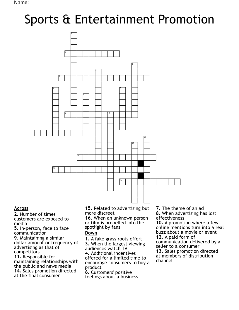 Sports Entertainment Promotion Crossword WordMint