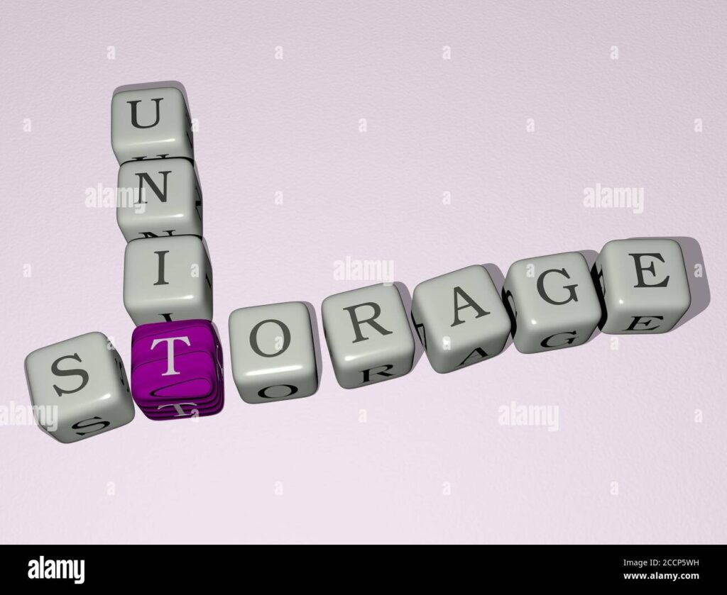 STORAGE UNIT Crossword By Cubic Dice Letters 3D Illustration Stock 