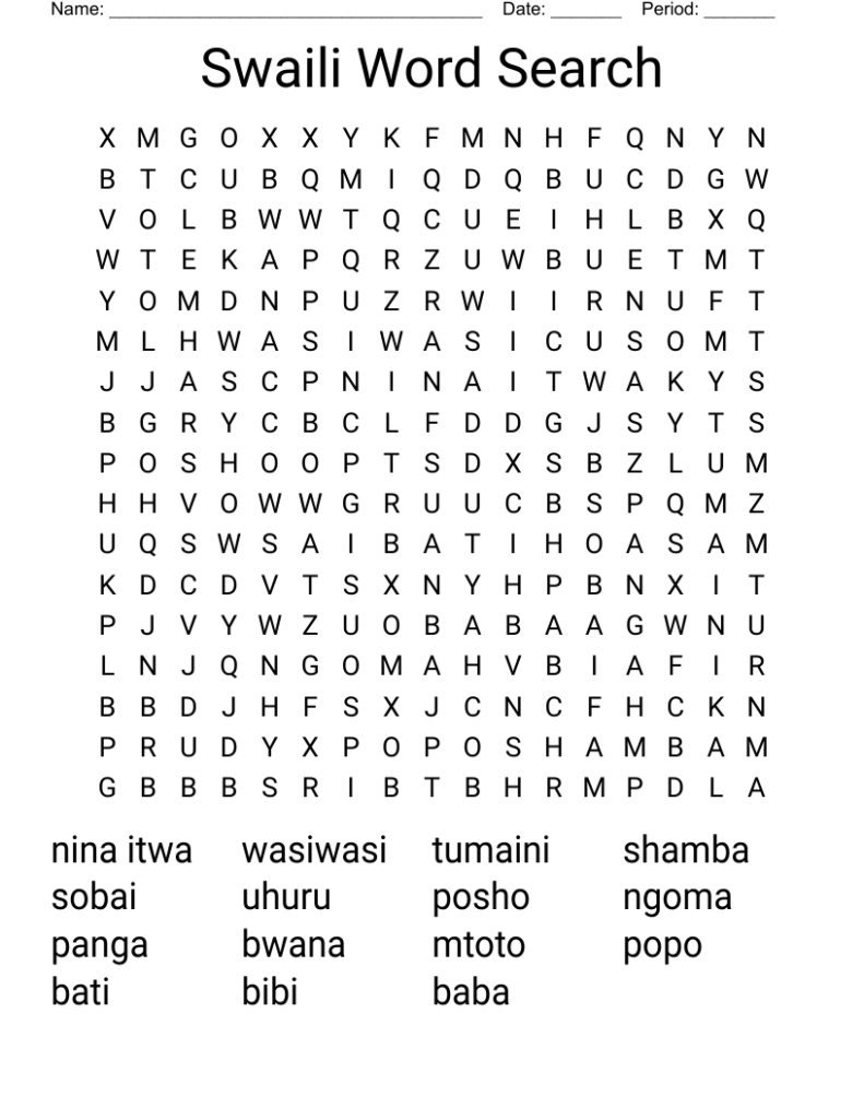 Swahili Language Crosswords Word Searches Bingo Cards WordMint