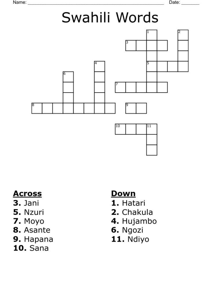 Swahili Words Crossword WordMint