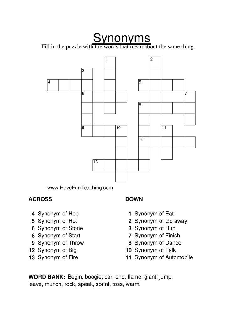 Synonym Crossword Puzzle Worksheet Have Fun Teaching