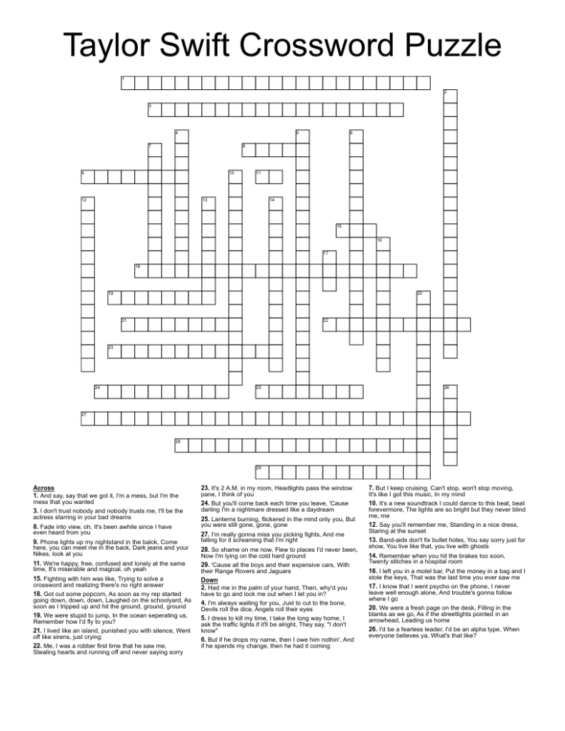 Taylor Swift Crossword Puzzle WordMint