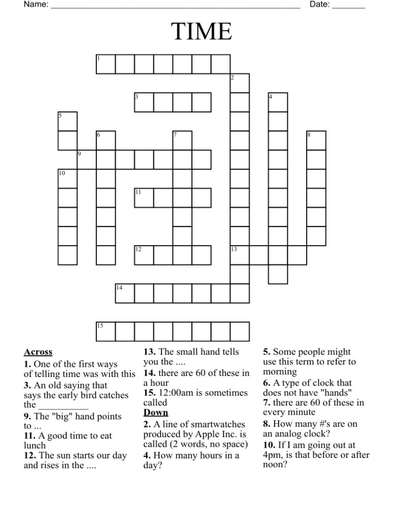 Telling Time Crossword Puzzle