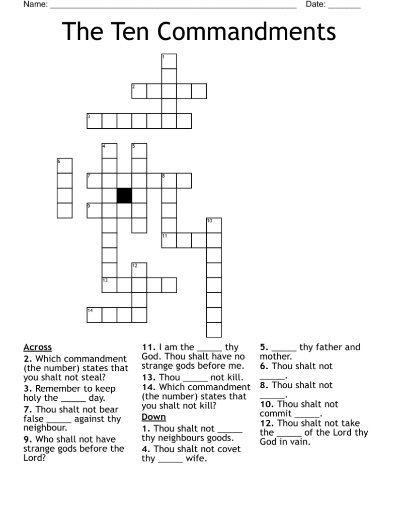 Ten Commandments Crossword Puzzle Printable