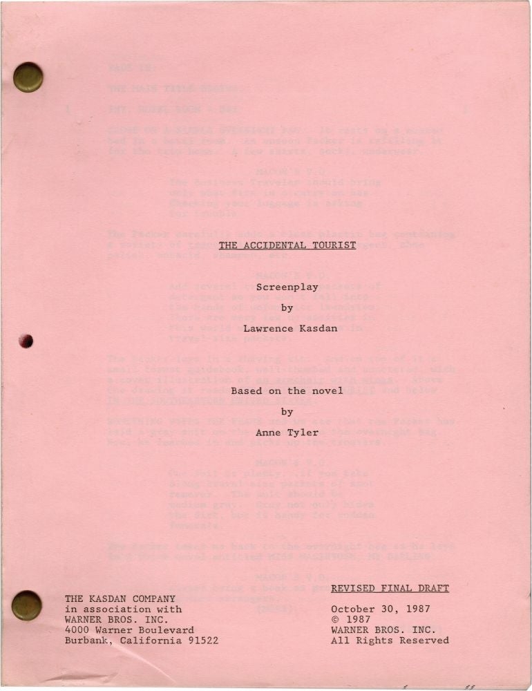 The Accidental Tourist Original Screenplay For The 1988 Film By 