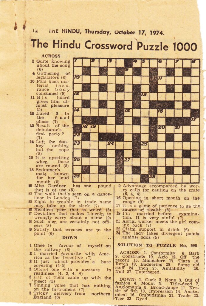 The Hindu Crossword 1000 October 17 1974 Crossword Unclued