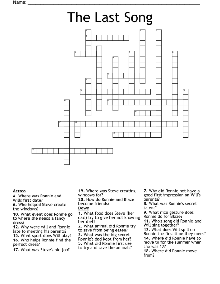 The Last Song Crossword WordMint