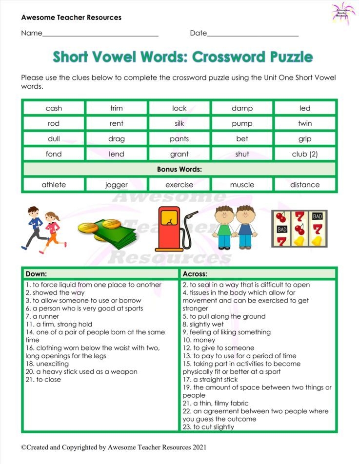 This Worksheet Includes A Table With Short Vowel Words Along With Clues 