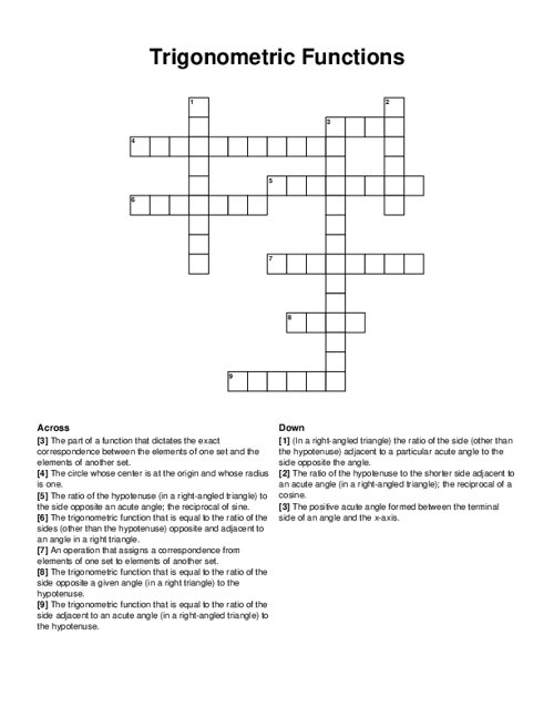 Trigonometric Functions Crossword Puzzle