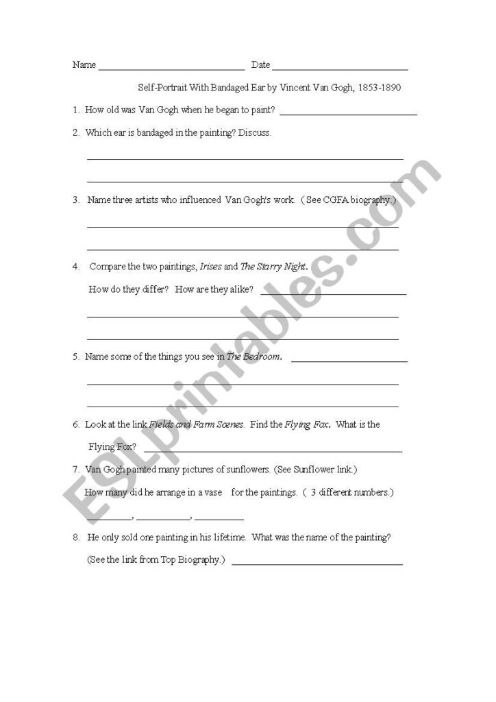 Van Gogh Crossword Puzzle ESL Worksheet By Sofia123