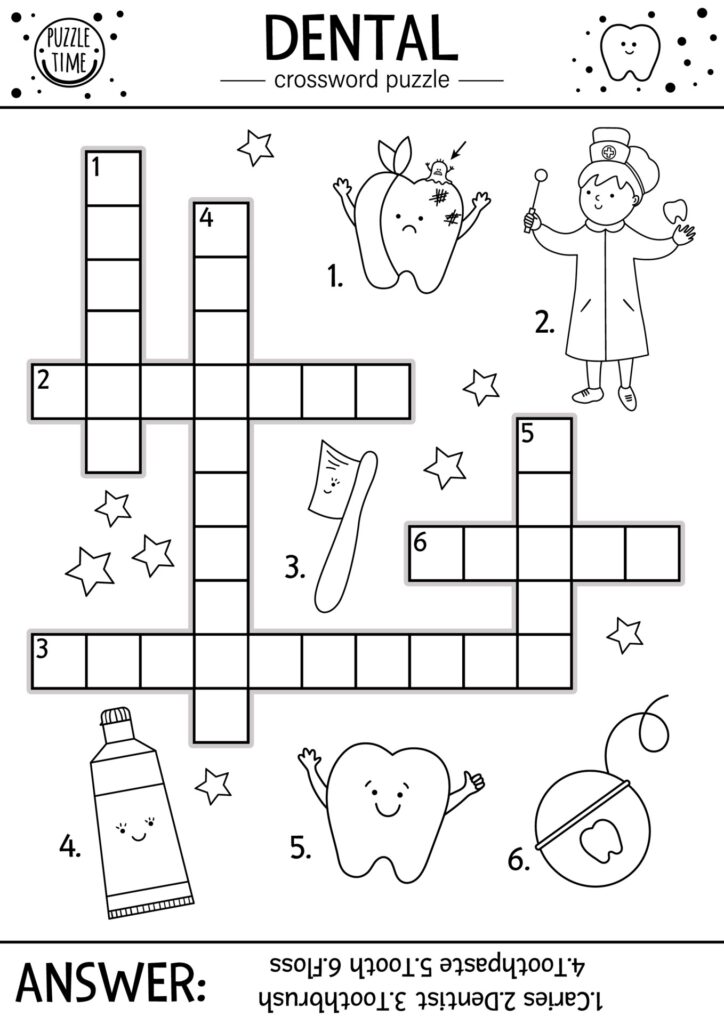 Vector Black And White Dental Care Crossword Puzzle Mouth Hygiene 
