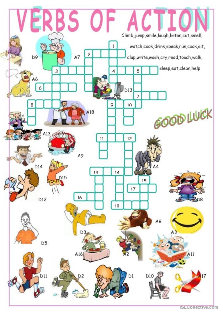 VERBS OF ACTION CROSSWORD PUZZL English ESL Worksheets Pdf Doc