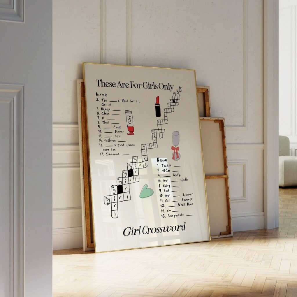 Vintage Crossword Poster Girl Aesthetic Wall Art Hand illustrated 