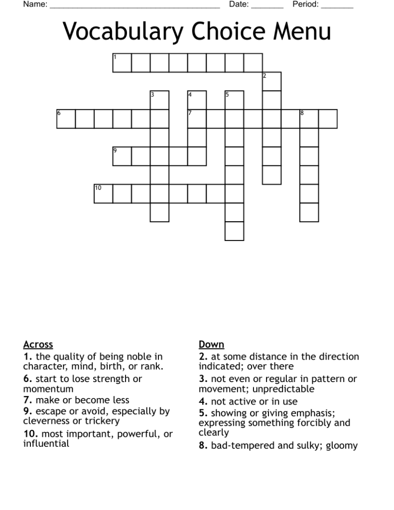 Vocabulary Choice Menu Crossword WordMint