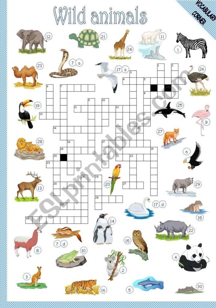 Wild Animals Crossword Puzzle Worksheet