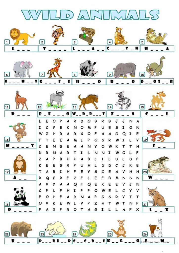 Wild Animals Crossword Puzzle Worksheet