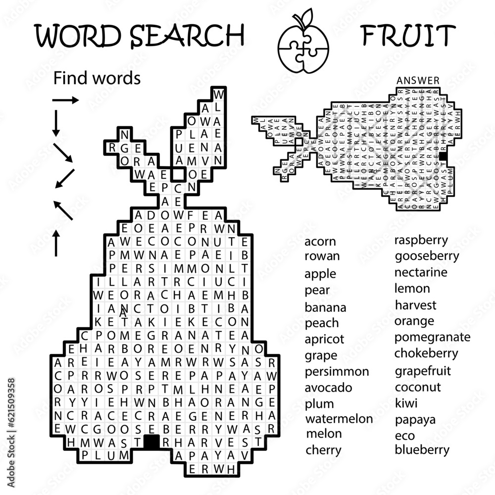 Word Search Crossword Puzzle Pear Fruit Find The Listed Words In The 