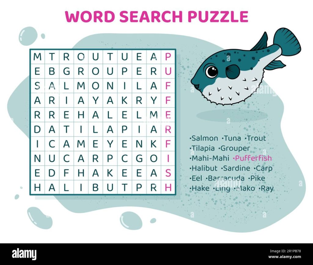 Word Search Puzzle Crossword With Various Fish Stock Vector Image 