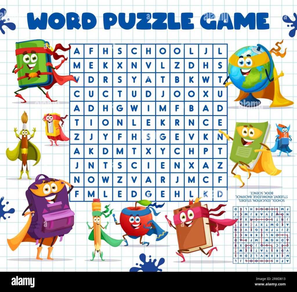 Word Search Puzzle Game Cartoon Stationery Superhero Characters Kids 