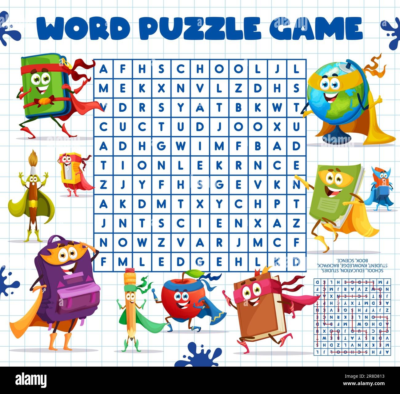 Word Search Puzzle Game Cartoon Stationery Superhero Characters Kids