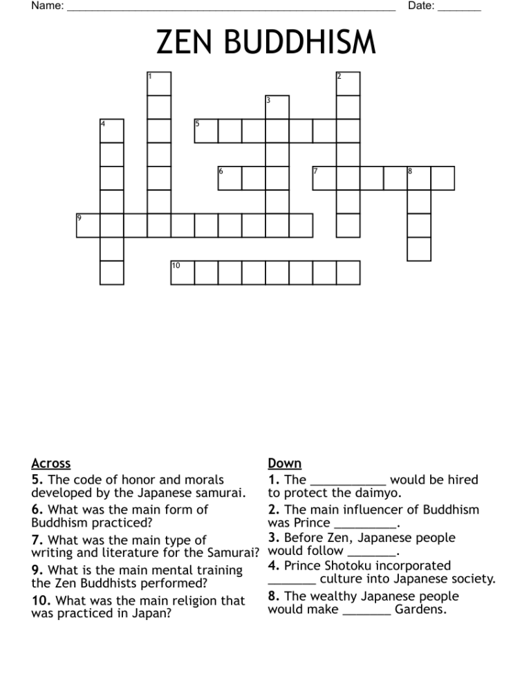 ZEN BUDDHISM Crossword WordMint