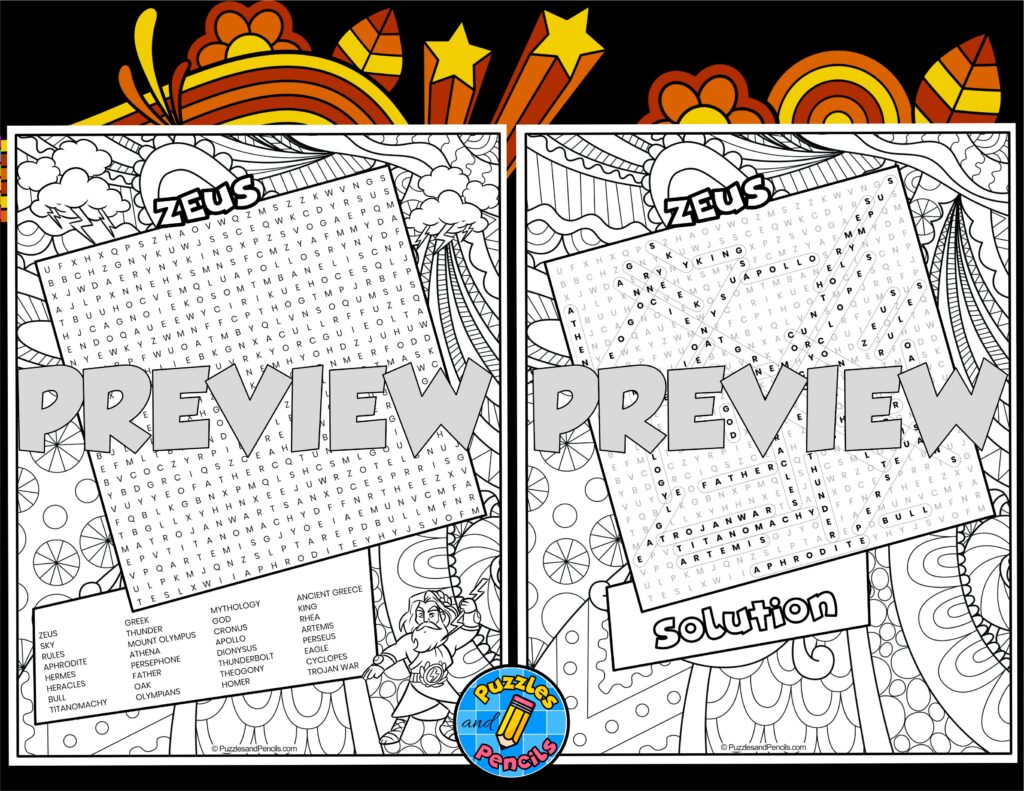 Zeus Word Search Puzzle With Colouring Greek Mythology Wordsearch 