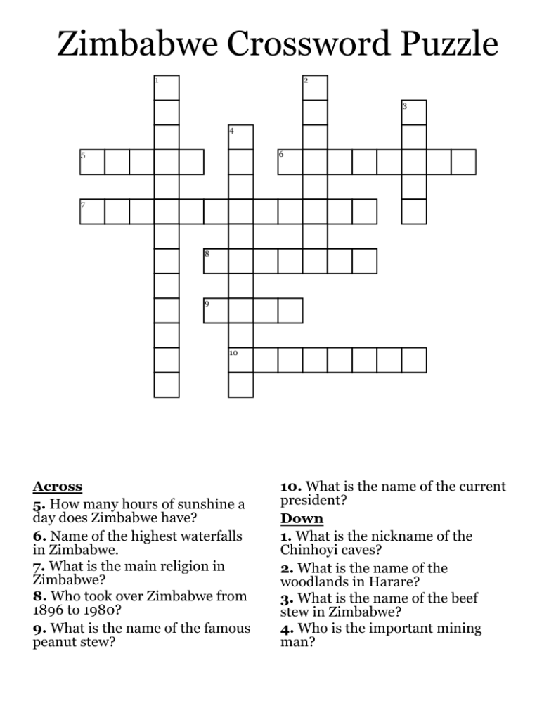 Zimbabwe Crossword Puzzle WordMint